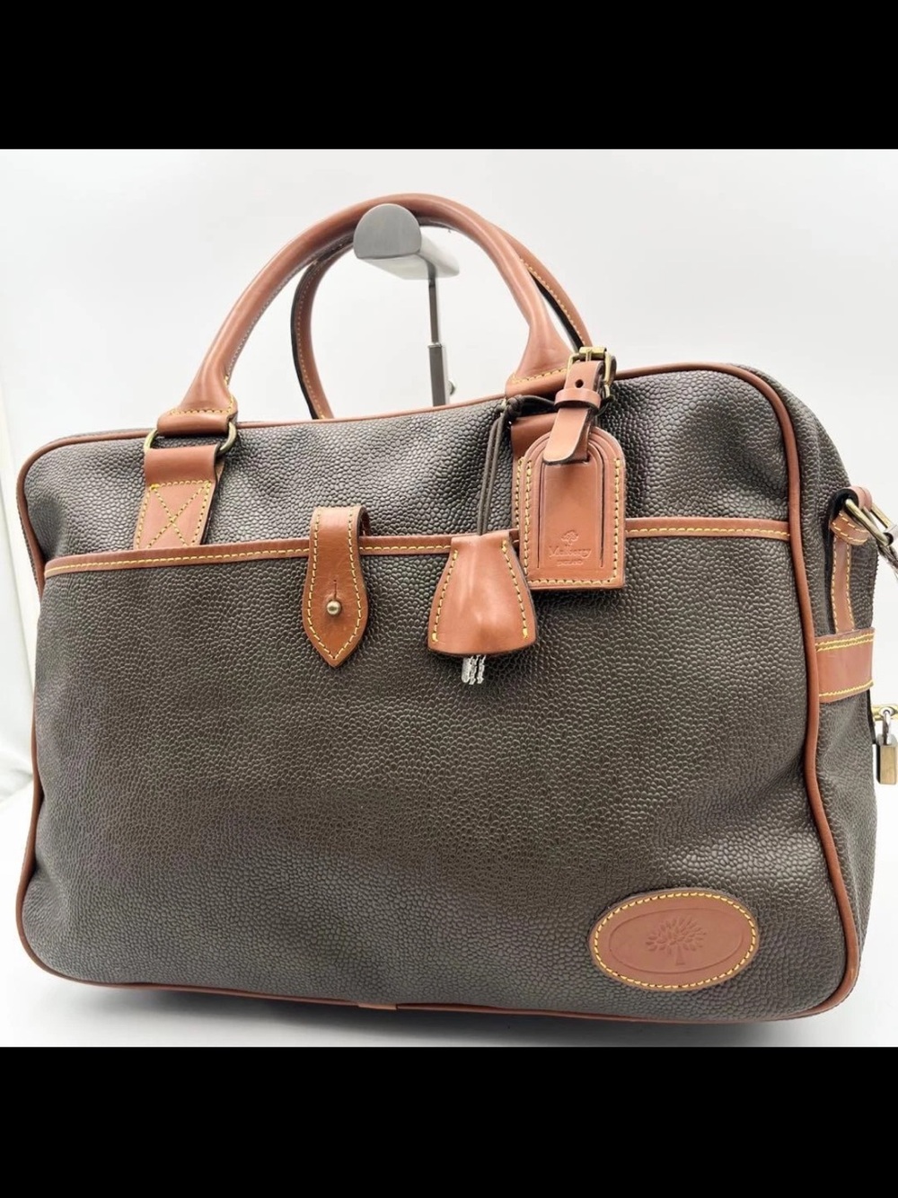 Mulberry Brown Pebbled Leather Briefcase with Tan Trim